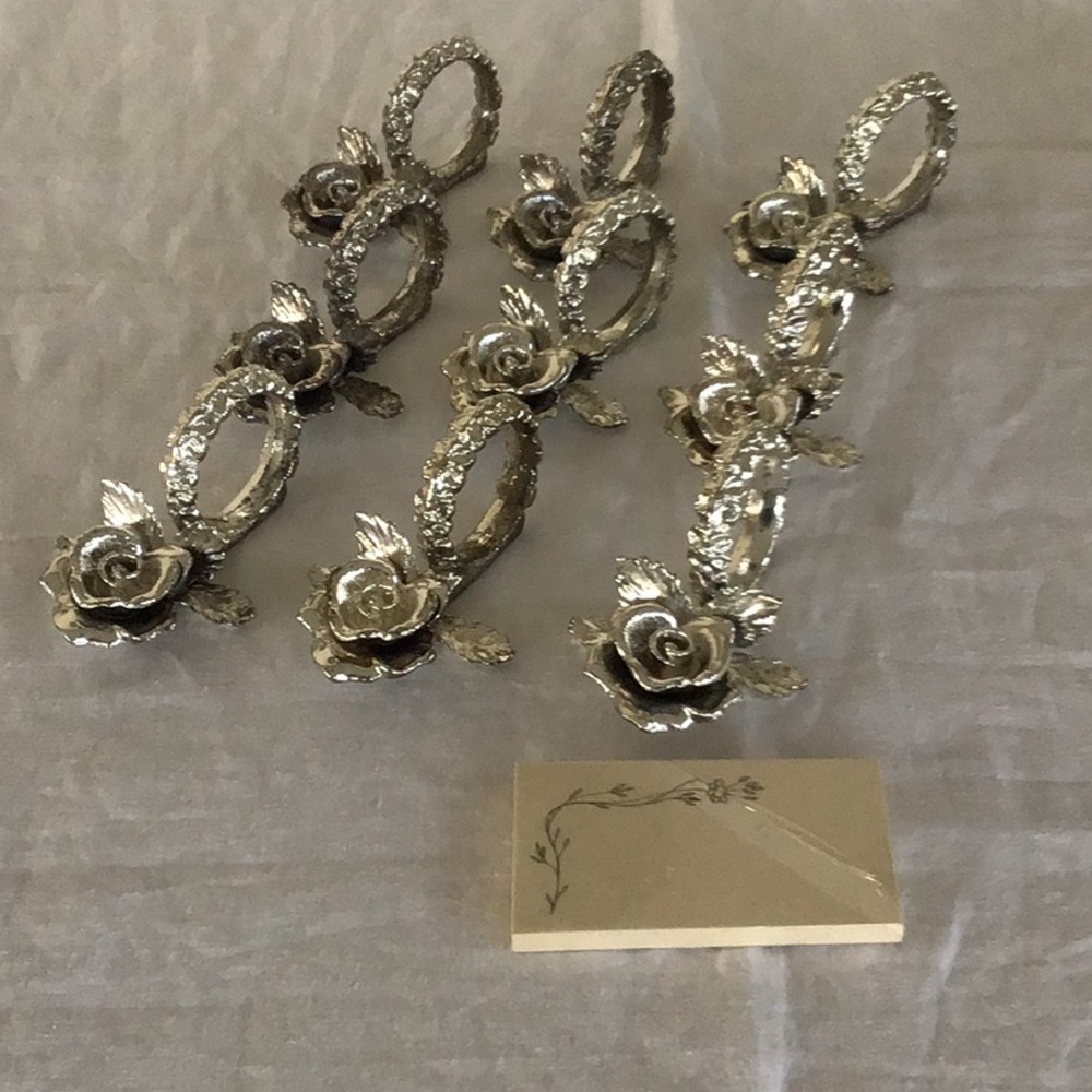 Princess House  9  Roses Napkin Rings Silver Tone